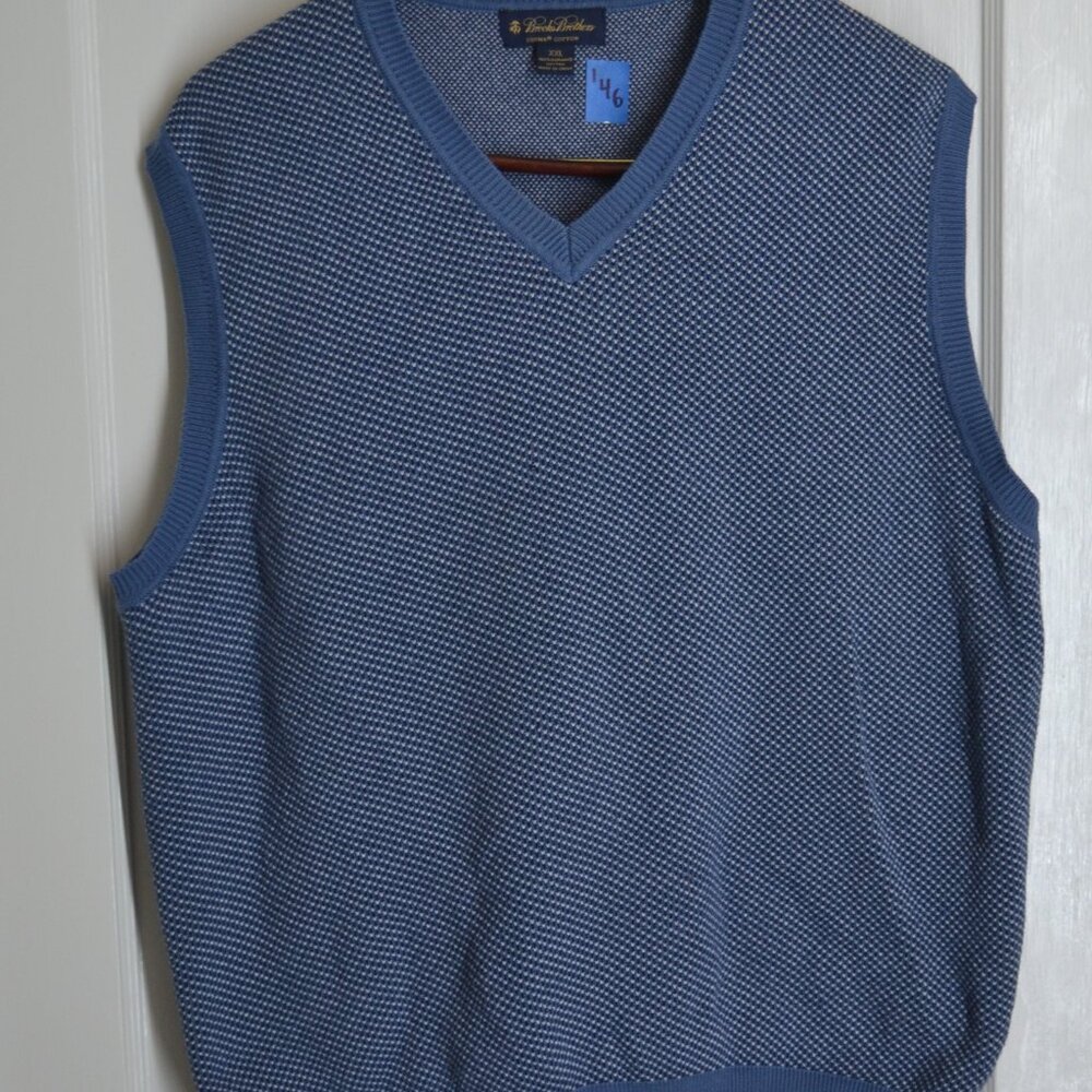 Brooks Brothers Mens V-Neck Vest, XXL, Light Blue/White Checkered